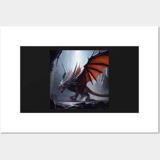 Evil Black Dragon with Red Wings in a Cave Posters and Art